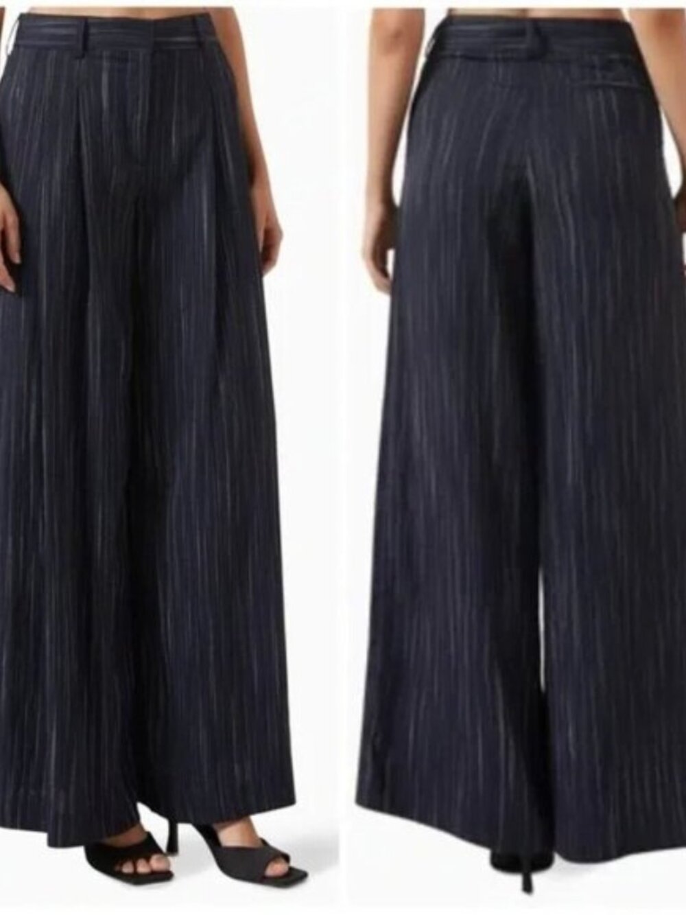 New TWP Didi Wide Leg Pants Pleat Navy Blue Stripe